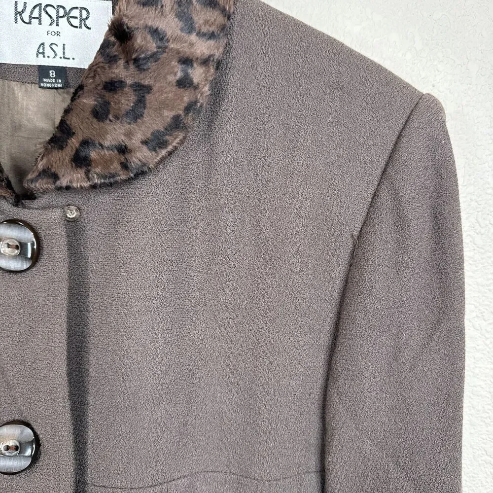 Kasper Jacket‎ 8 Olive Fur Animal Collar Vintage Mob Wife 90s 80s Glam